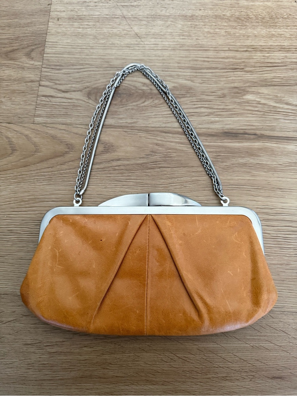 Hobo Hayward Brown Leather Chain Strap Kisslock Clutch Shoulder Bag Purse